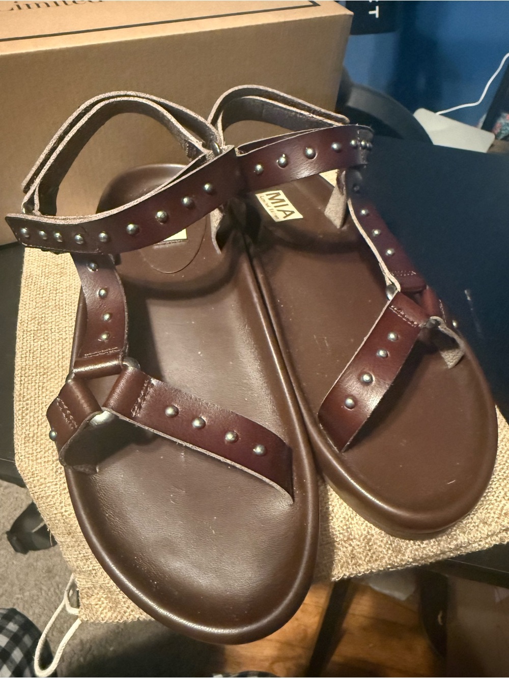 MIA Dark Brown Studded Leather T-Strap Sandals